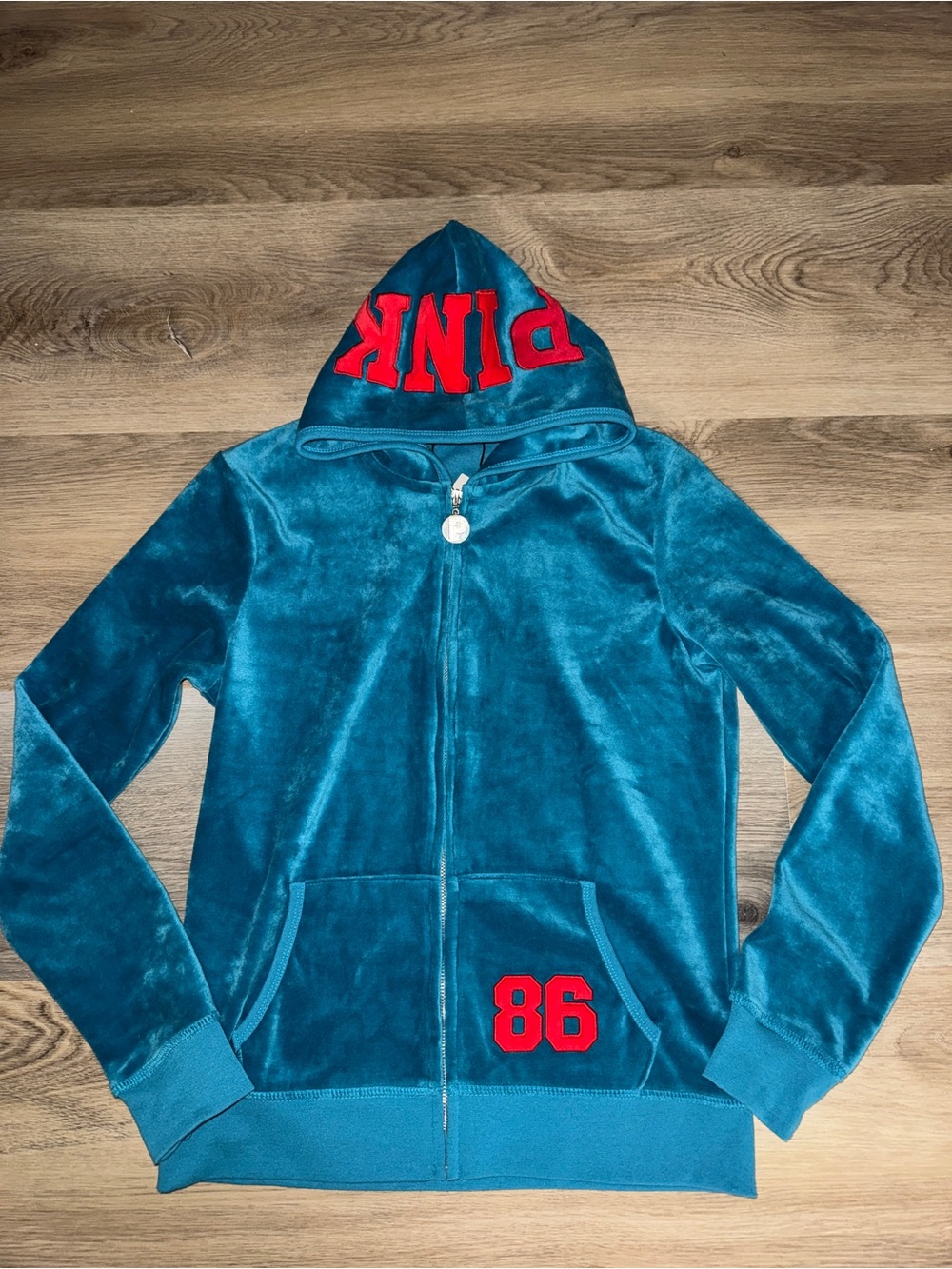 PINK Victoria's Secret Teal Velour Zip Hoodie with Red Lettering
